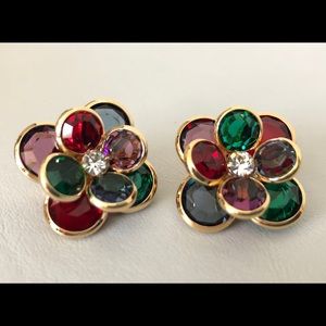 Crystal Flower Clip Earrings